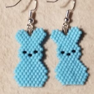 Hand Crafted Light Blue Bunny Beadwork Earrings